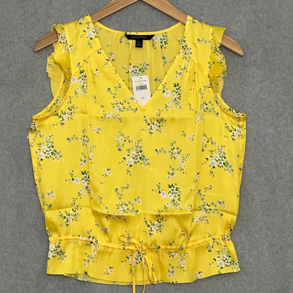 Banana Republic Women Top XS Yellow Floral Ruffle Peplum Dainty Feminine Cottage